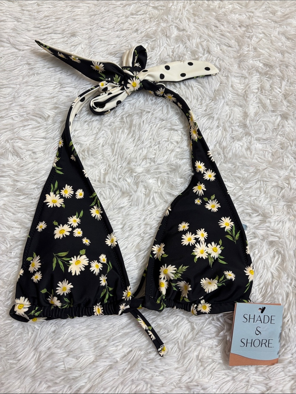 NWT Shade & Shore Black Floral & Polka Dot Reversible Triangle Bikini Top XS